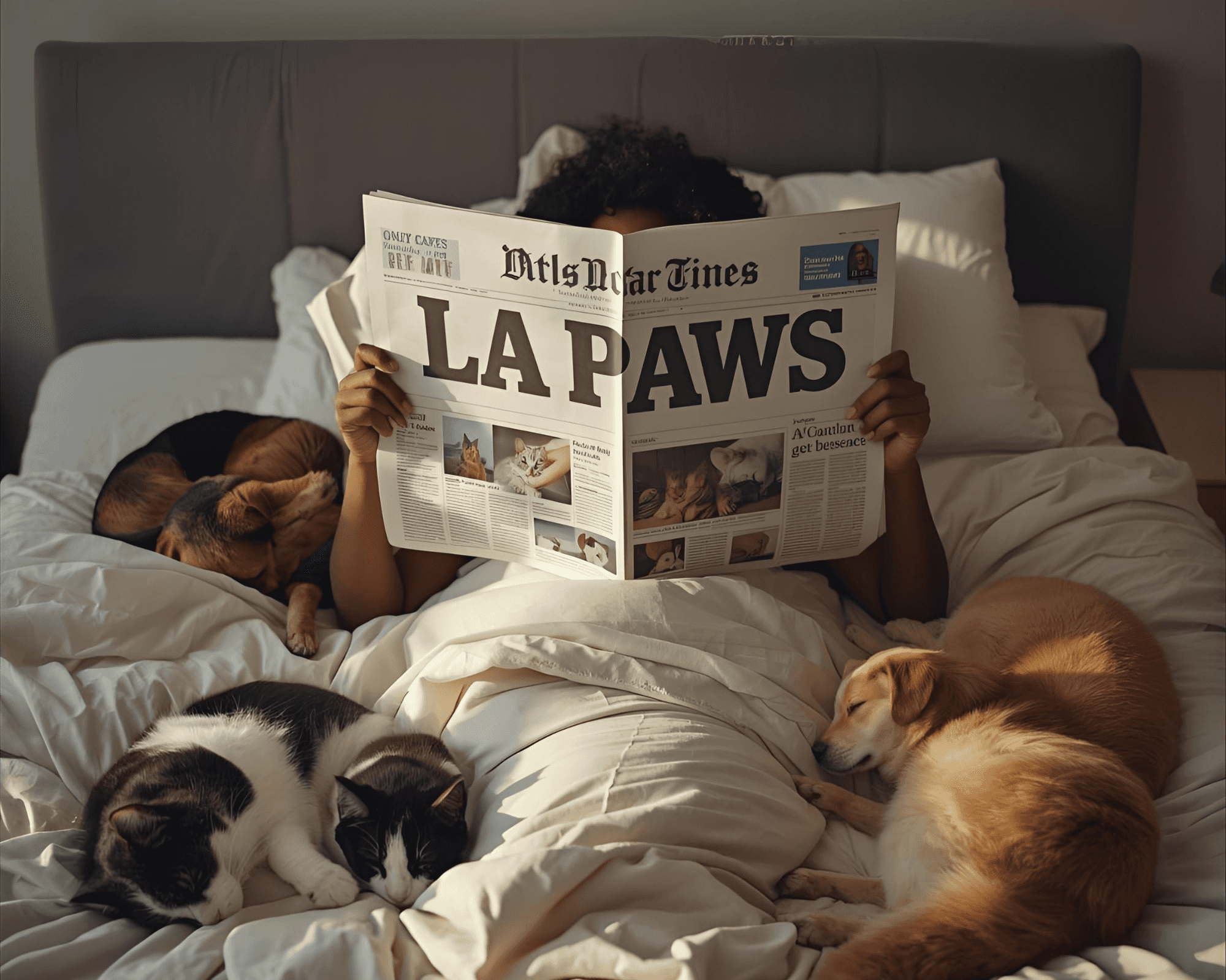 woman in bed with pets