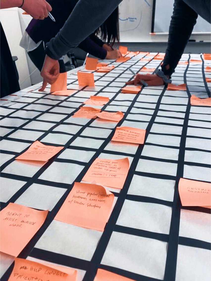 Close-up of a large grid table filled with orange sticky notes, with hands actively placing and moving notes during a group workshop.