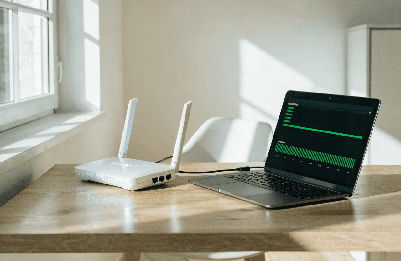 Router WiFi junto a un portátil mostrando un test de velocidad de fibra óptica