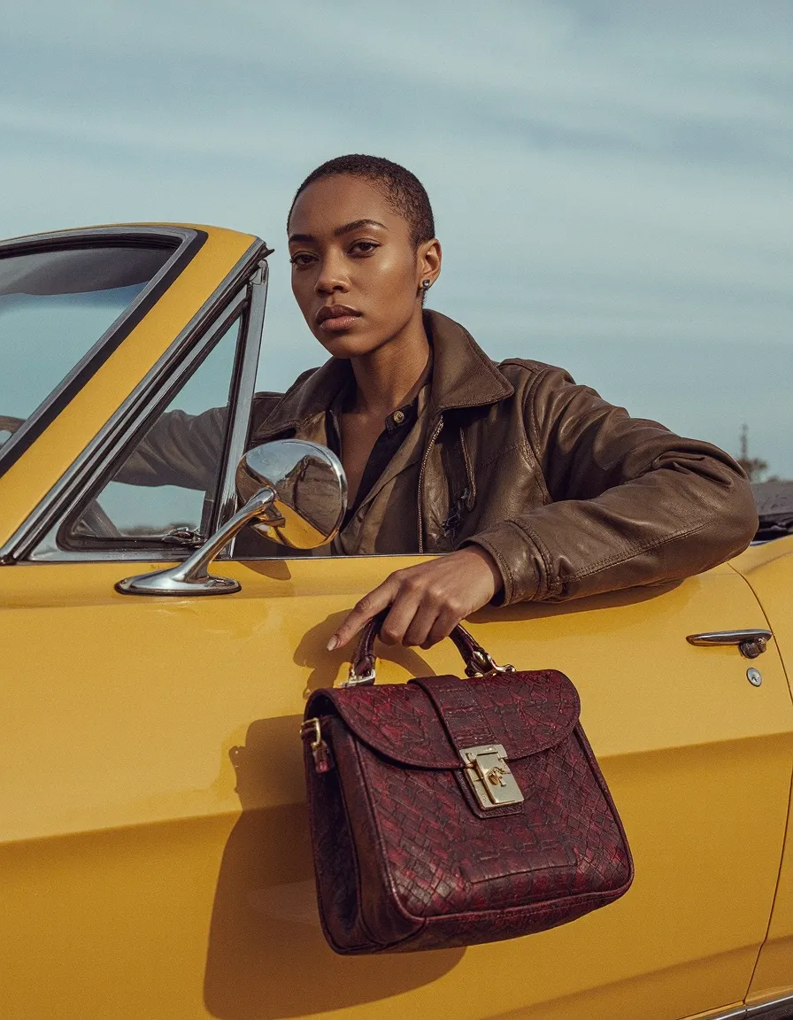 Woman in brown leather jacket posing with vintage yellow car in editorial fashion photograph