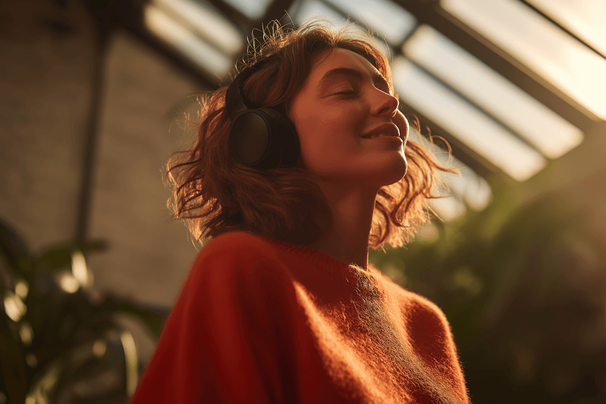 Young woman relaxing while listening to music in a calm setting
