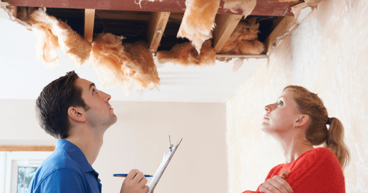 adjuster wearing blue polo looling at a ceiling that has been destroyed, homeowner in red blouse looking up