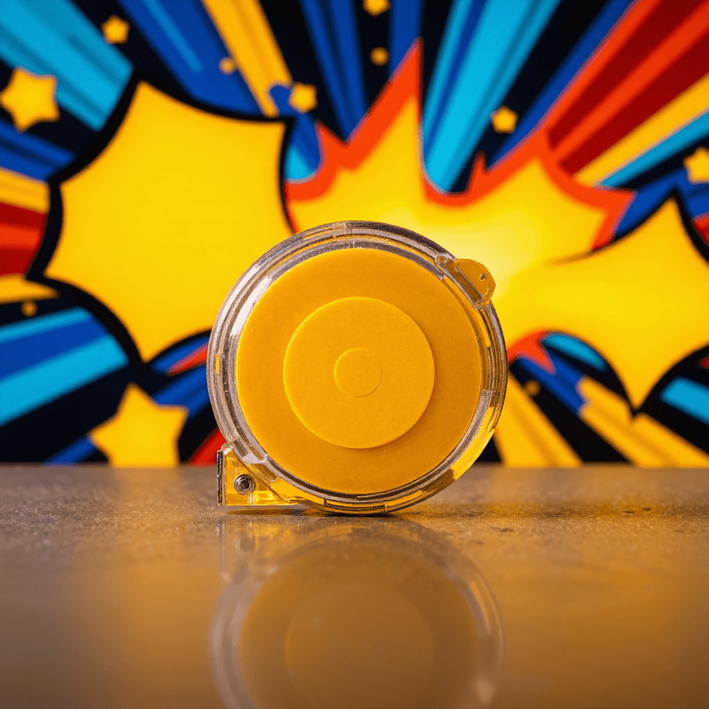 product photography of a measuring tape, used for measuring lengths and distances, featuring a retractable design