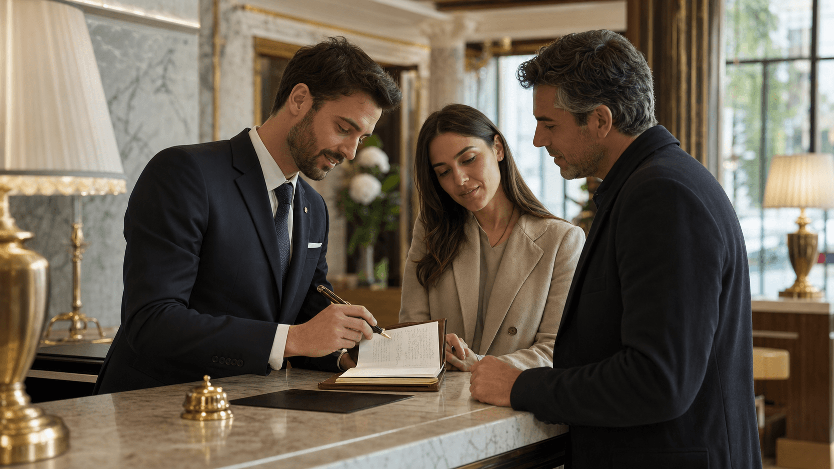 Concierge de luxe échangeant avec des clients VIP, utilisant des notes manuscrites.