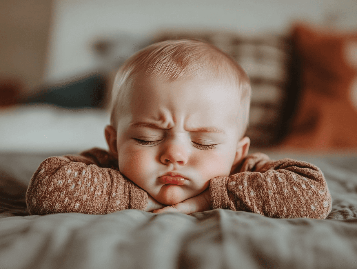 Unhappy baby laying on bed