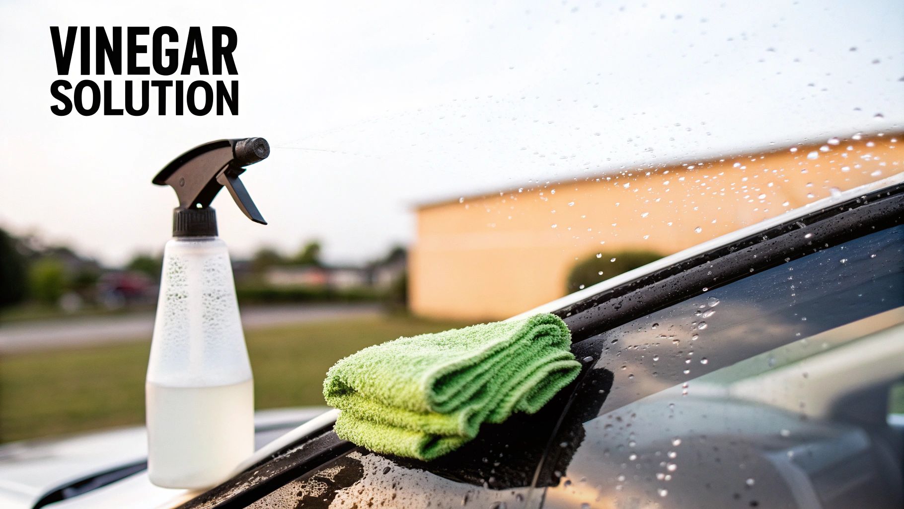 A spray bottle with vinegar solution and a green microfiber cloth on a car window with water spots.