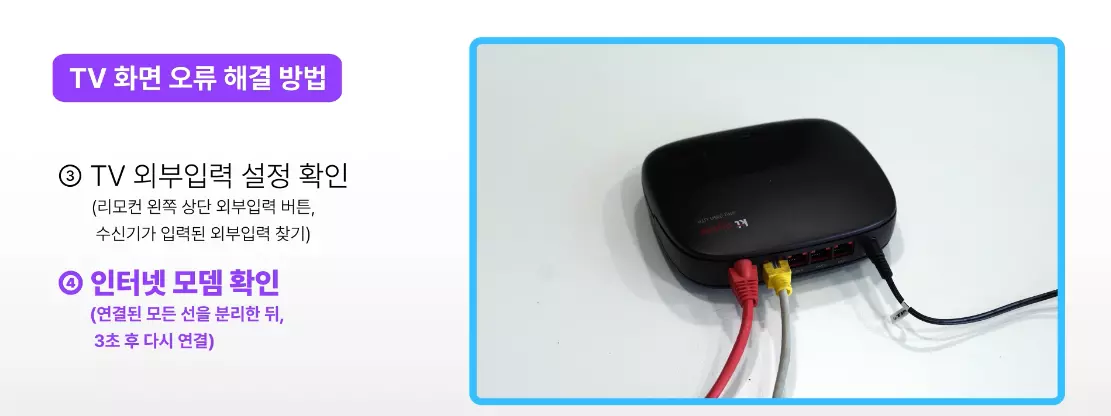 tv 화면 문제가 지속될 때 인터넷 모뎀의 연결 선을 분리 후 재연결하는 방법을 설명하는 점검 안내 이미지