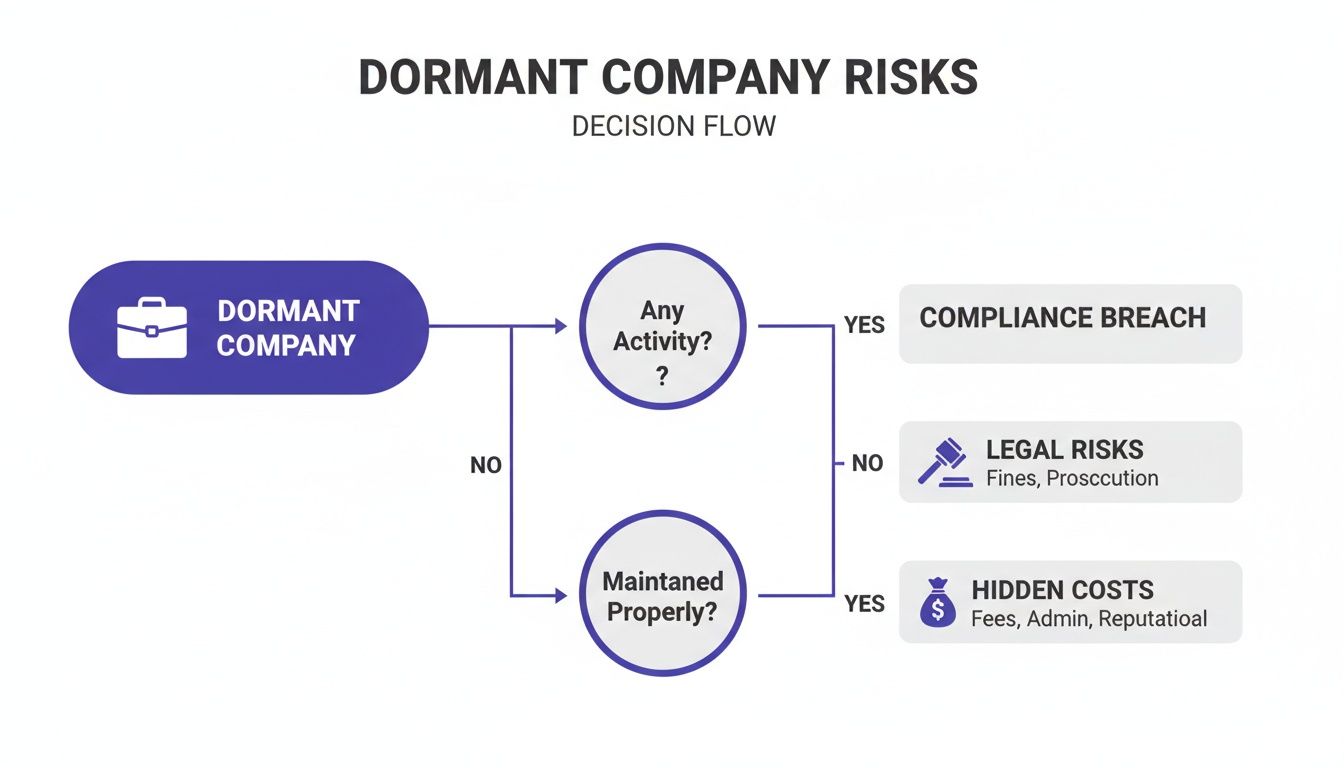 Decision flow diagram illustrating dormant company risks, including compliance, legal, and hidden costs.