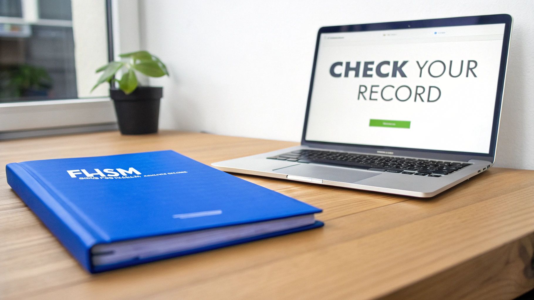 A blue FHSM binder and a laptop displaying 'CHECK YOUR RECORD' on a wooden desk with a plant.