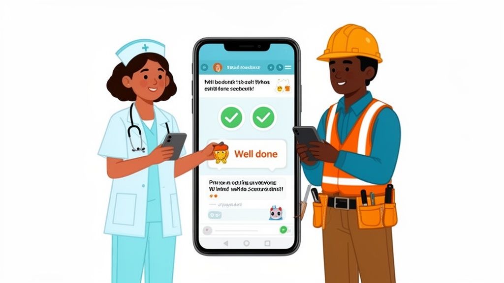A diverse nurse and construction worker smiling, holding phones, flanking a large phone showing a 'Well done' message.