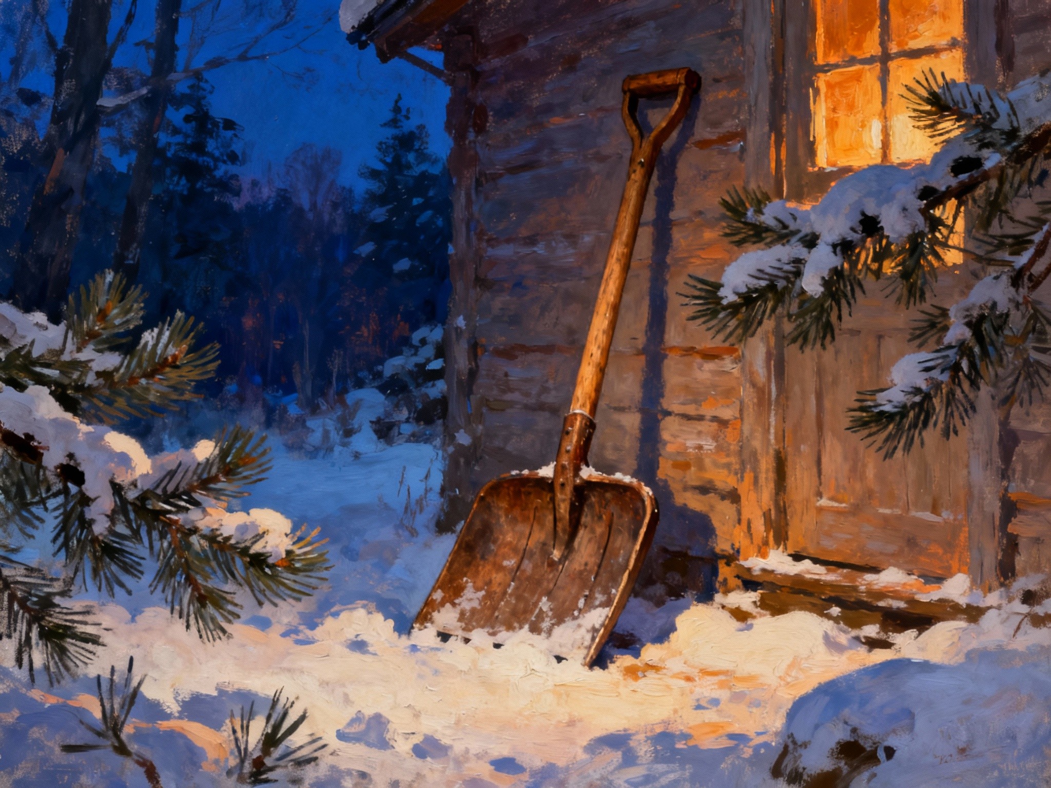 A fine-art illustration in a format depicting an antique wooden snow shovel leaning against a rustic