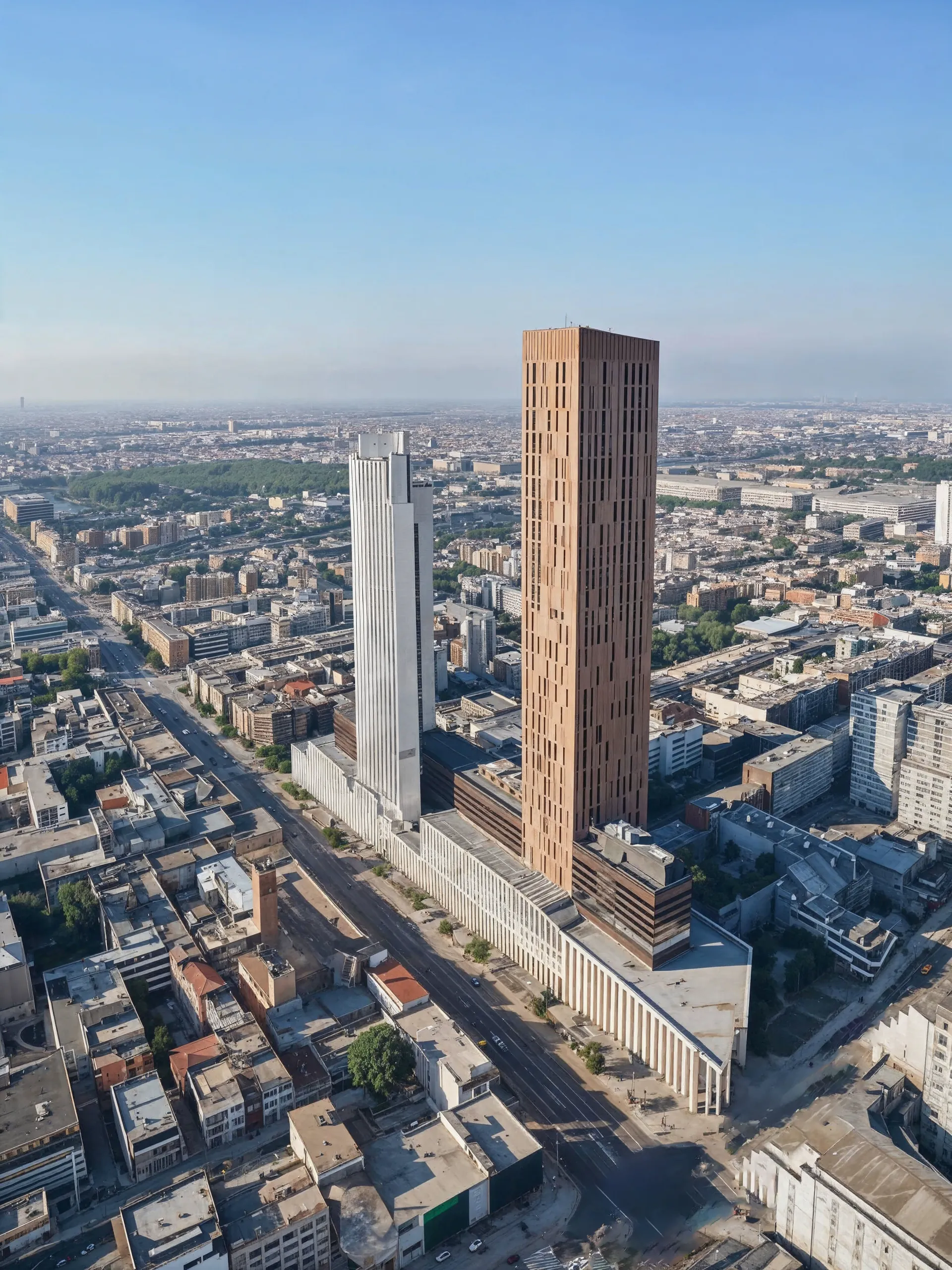 AI-powered render of a tall tower building at sunset skyline.