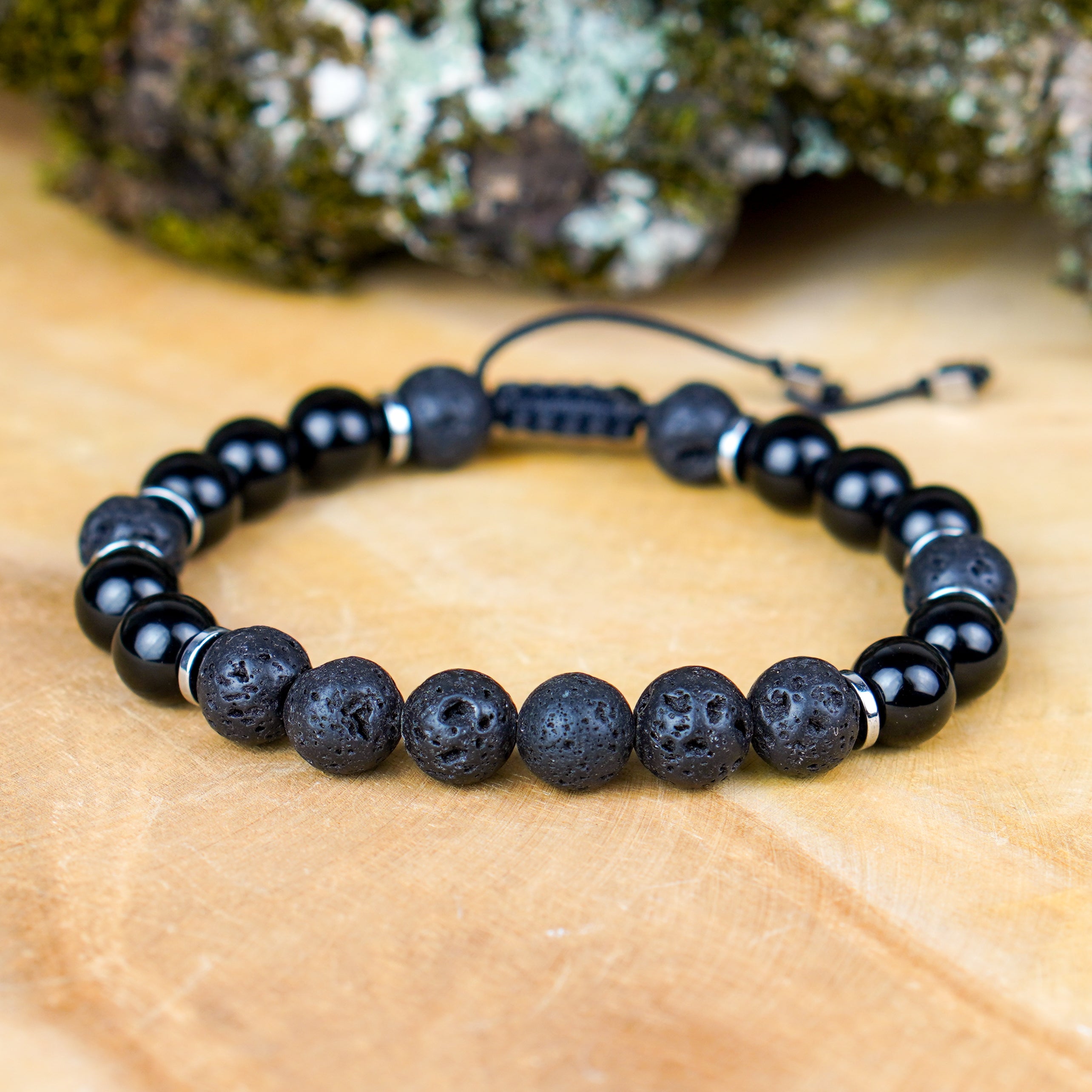 Surowa bransoletka męska z onyksu, lawy i hematytu w minimalistycznym stylu