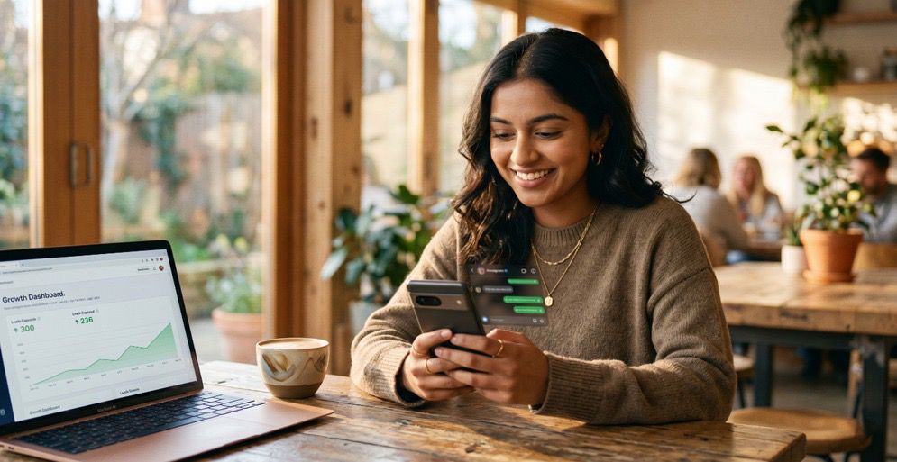 Young business owner reviewing Instagram DM automation leads and email captures on phone using PilotDM