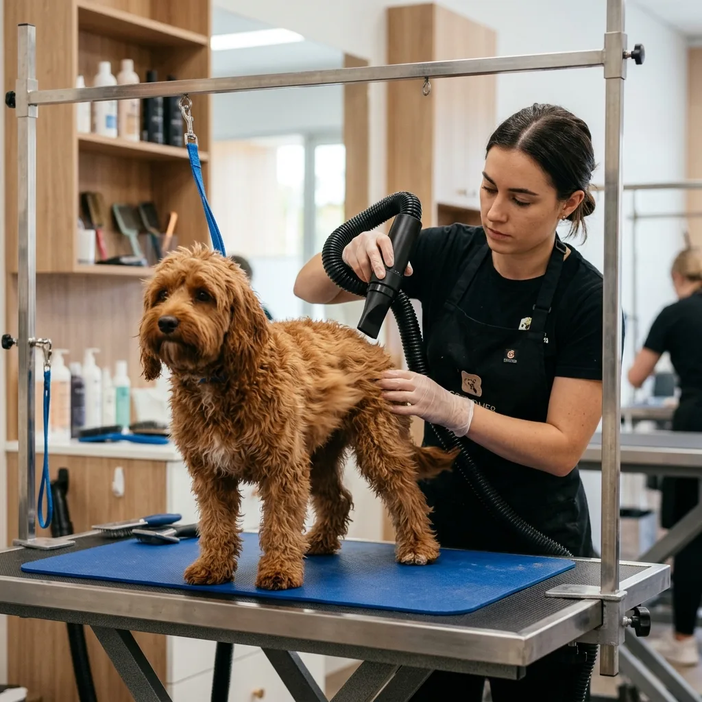 profissional cuidando de cachorro em mesa de grooming
