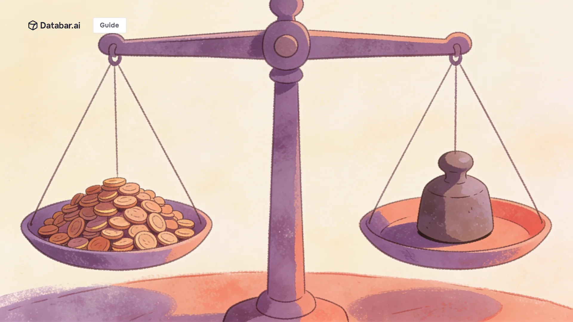 Illustration of a balance beam with a measured heap of tokens on one pan and a single weight on the other — Data Enrichment Budget: How Much Should You Spend in 2026?