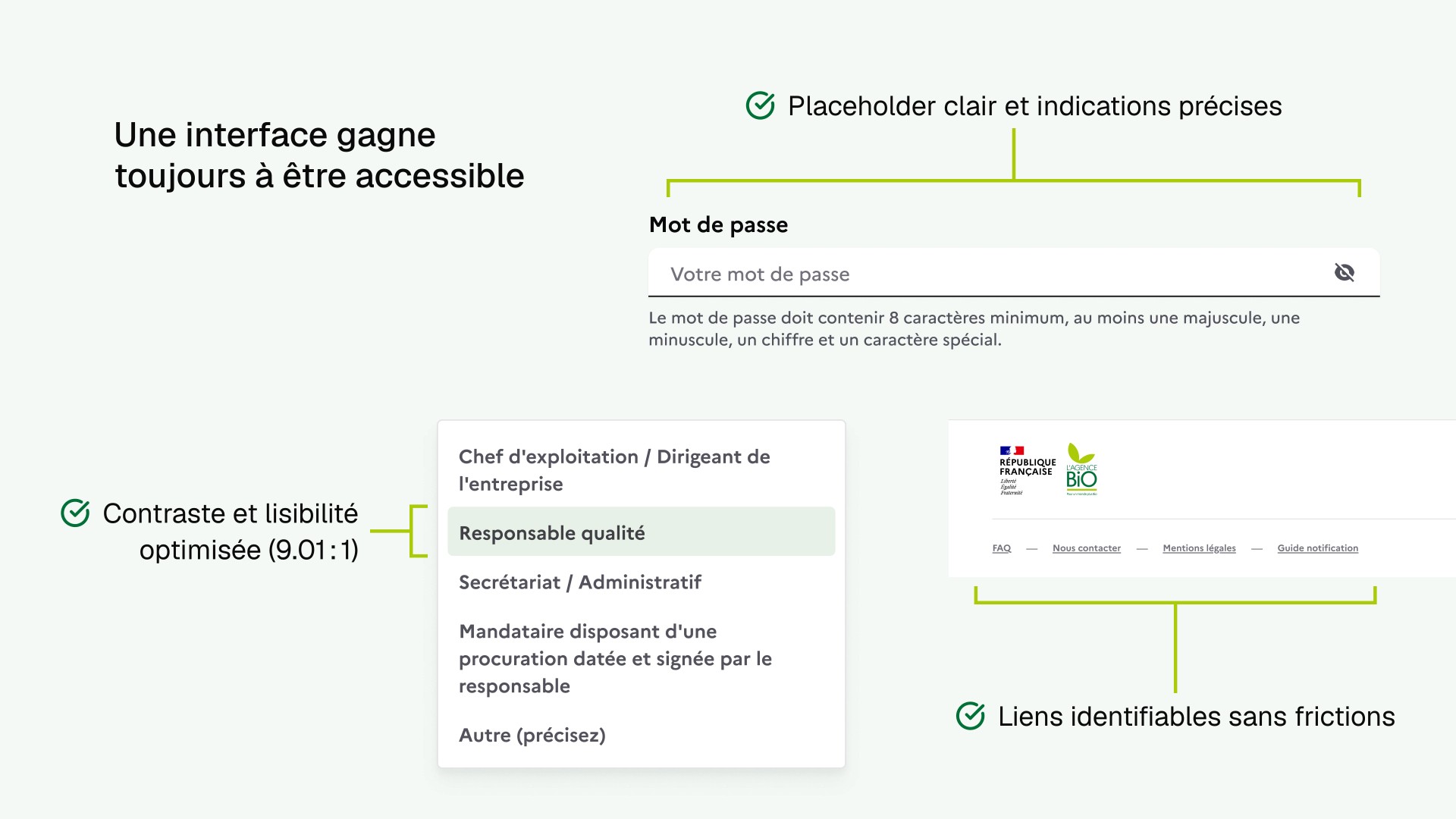Diagramme explicatif des corrections d'accessibilité, avec la phrase "Une interface gagne toujours à être accessible", montrant comment les champs les contrastes, les champs de saisie et les liens du footer ont été optimisés pour gagner en clarté