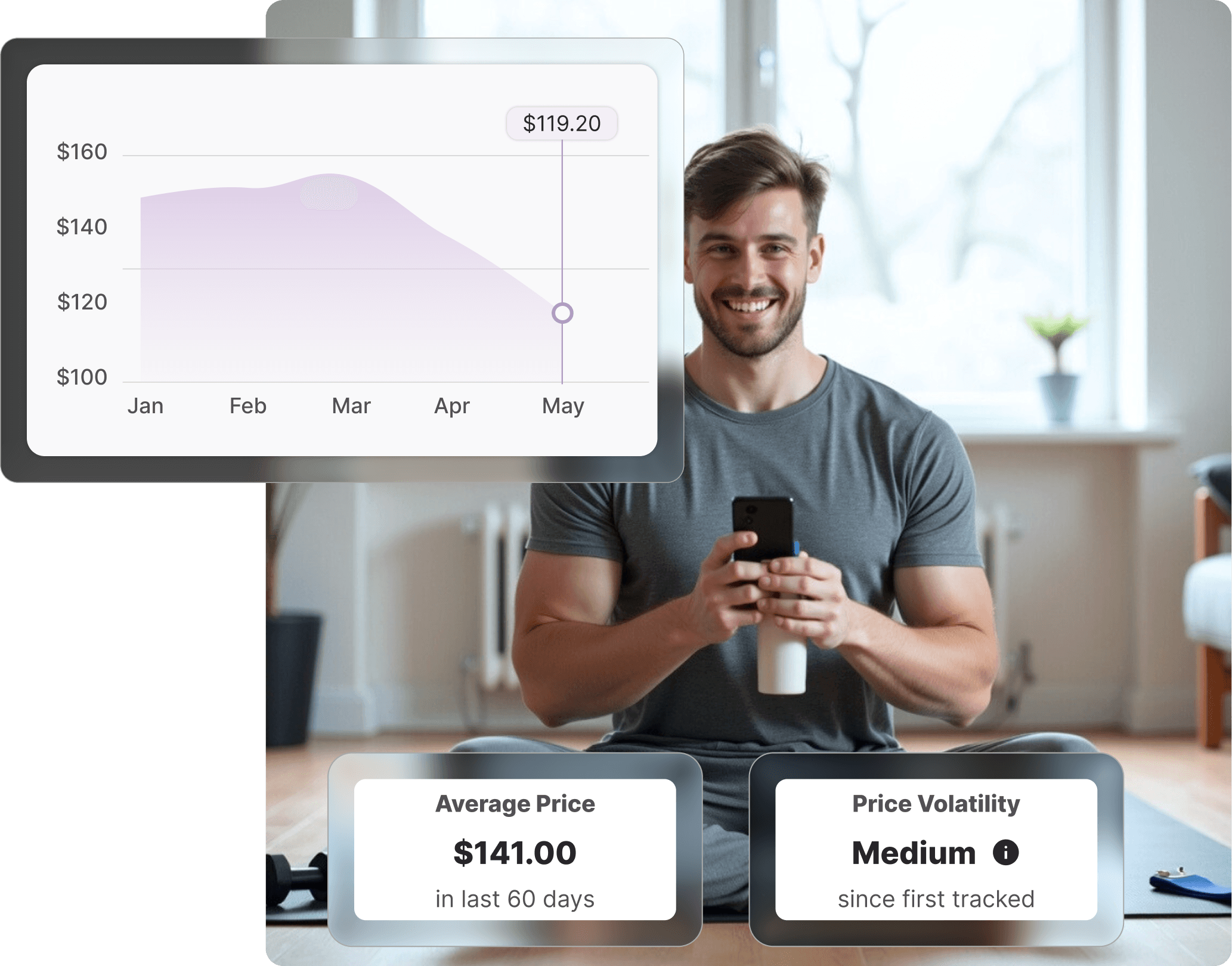 Man sitting cross-legged on a yoga mat holding his phone and a water bottle, checking JD Sports price history on Whisprice, with dumbbells on the floor and a price chart overlay showing a drop to $119.20.