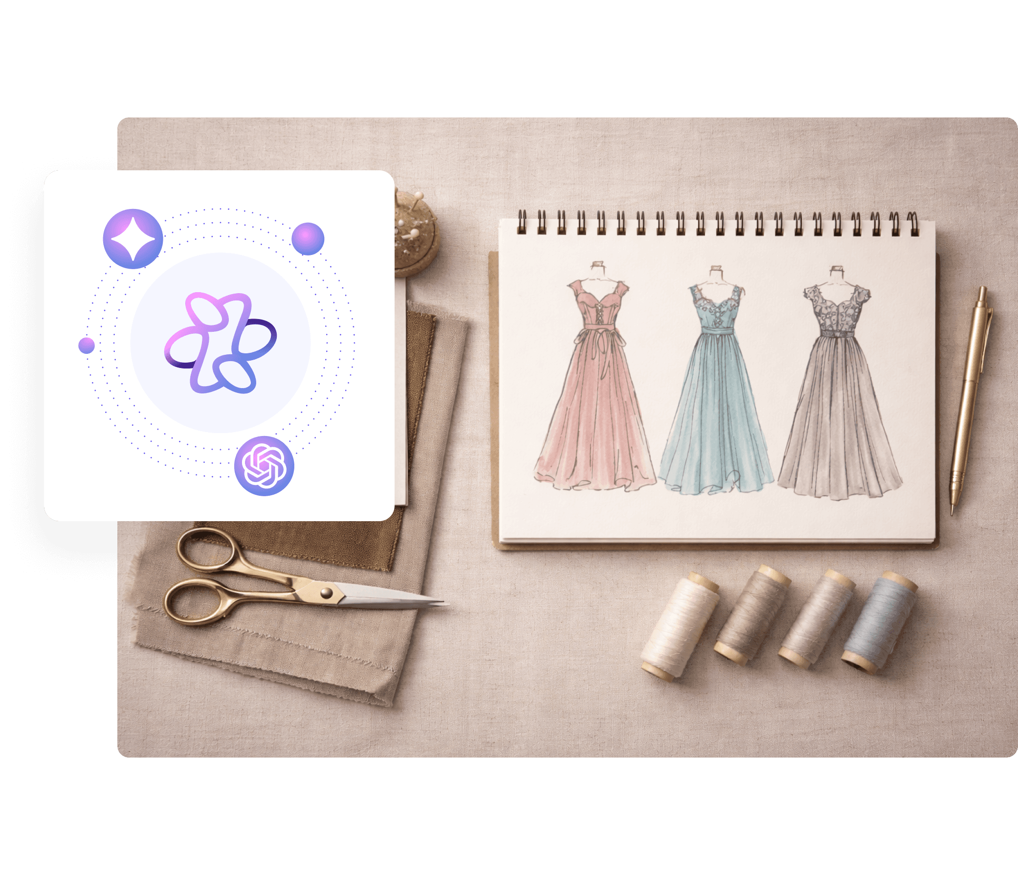 A neatly pressed white shirt hangs on a rack beside a straw hat on a shelf, accompanied by a folded beige garment and a pair of brown shoes, with a digital interface displaying chat messages overlaying the image.