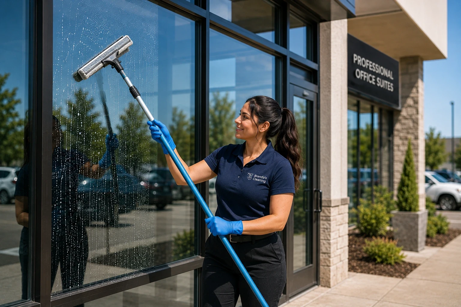 A smiling commercial window washing professional with Brenda's Cleaning service using a microfiber scrubber on an extension pole to wash large exterior glass windows. Dressed in a branded navy blue uniform polo shirt, black work pants with a belt, and blue protective gloves, she is applying soapy water to the glass facade. The scene illustrates local corporate building maintenance, professional streak-free commercial window cleaning, and janitorial services outside an office park entryway with a sign that reads "Professional Office Suites."