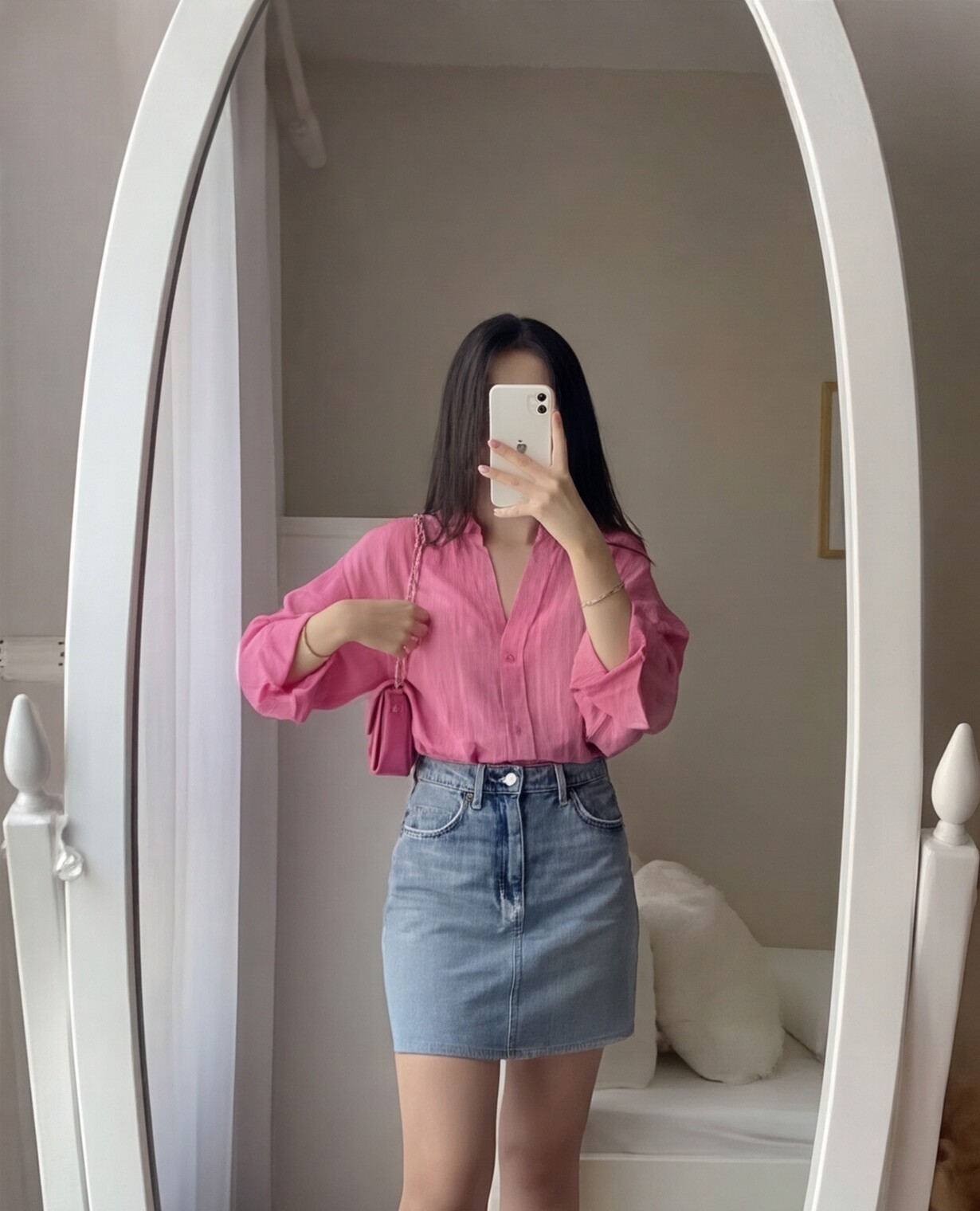 Pink Shirt with Denim Mini Skirt