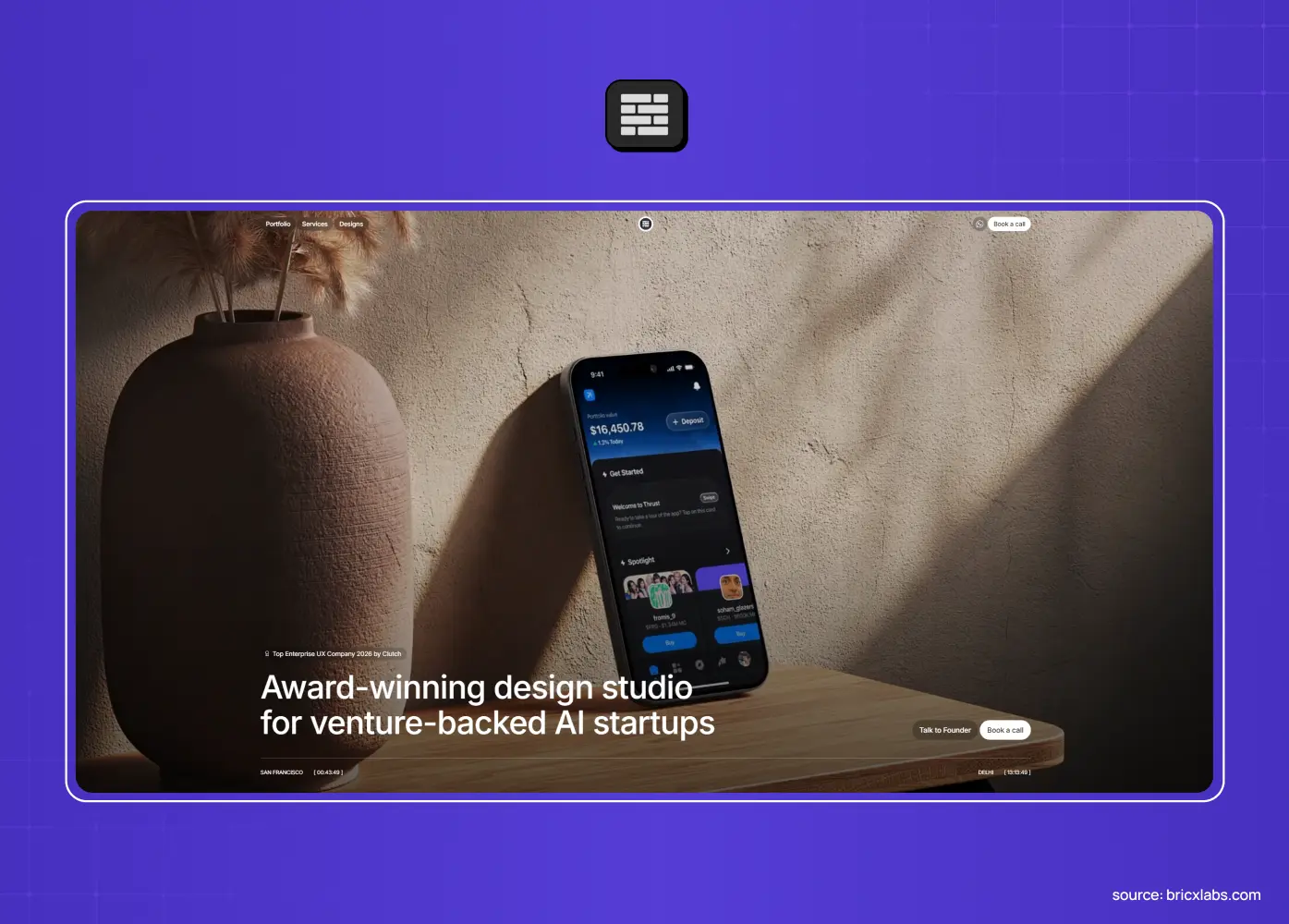 Digital product design studio website featuring a smartphone on a textured surface and the headline “Award-winning design studio for venture-backed AI startups.”