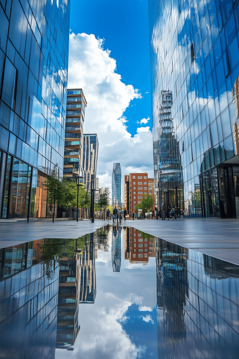 Looking up at city buildings
