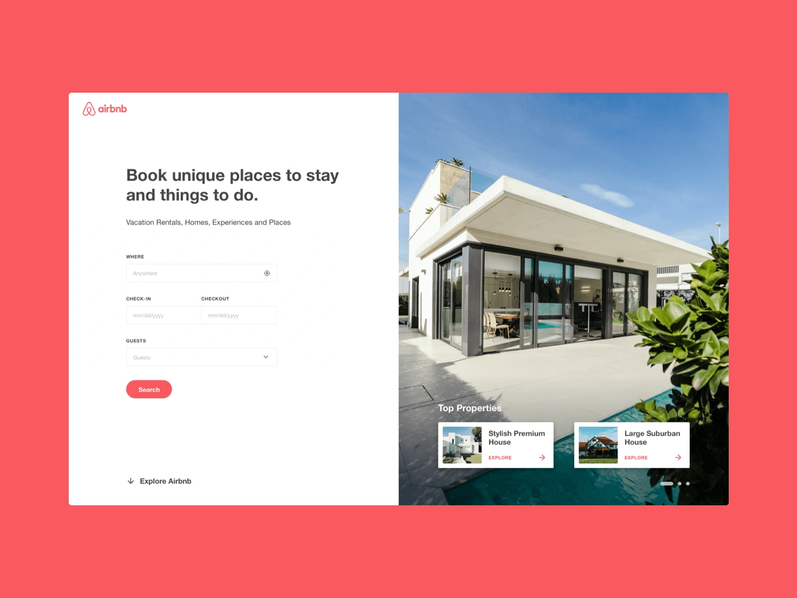 Airbnb's landing page in a white background with images of villa and a quick form