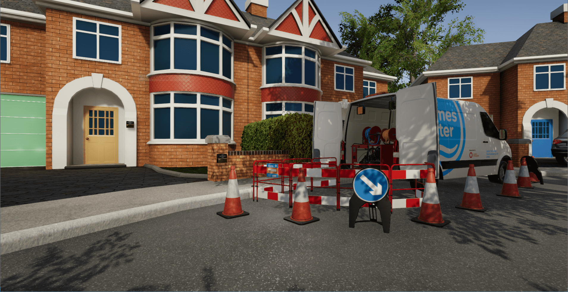 3D British street with van surrounded by safety cones