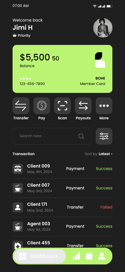 Clario cashflow overview card displaying income and expense trends over the past 7 days with a line chart.
