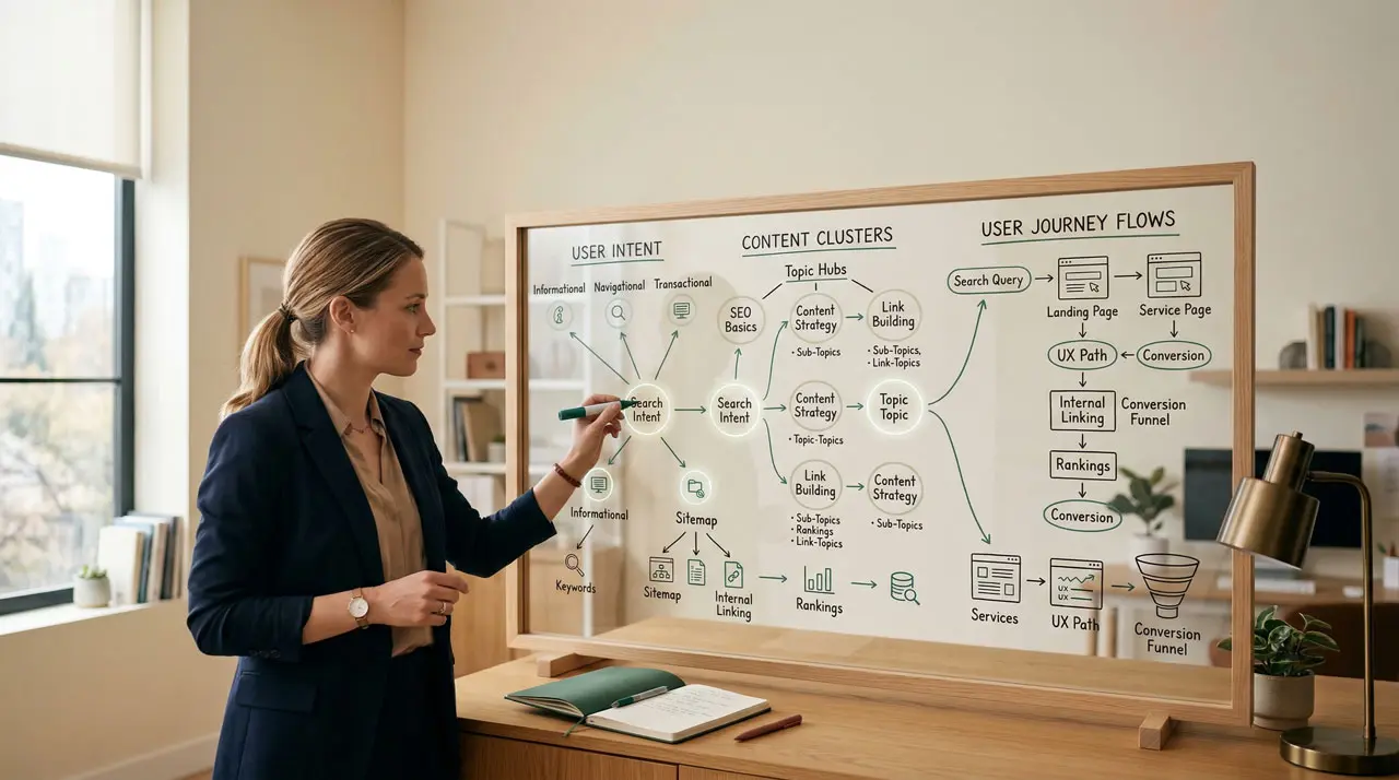 Profesional analizando un diagrama de arquitectura web y estrategia de contenido sobre un tablero transparente en un entorno de trabajo moderno.