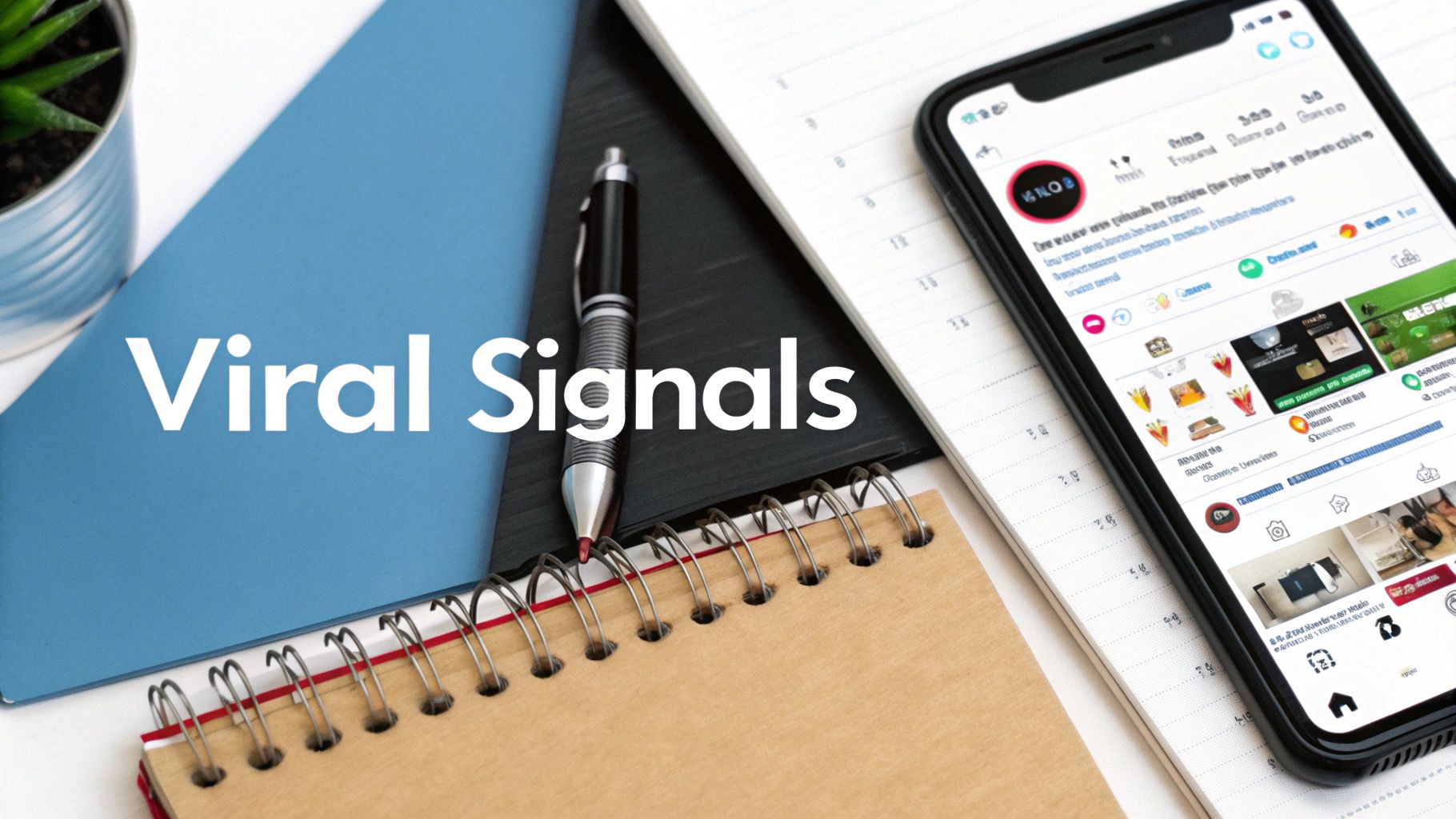 Viral signals text overlay on workspace with smartphone displaying social media analytics and notebooks