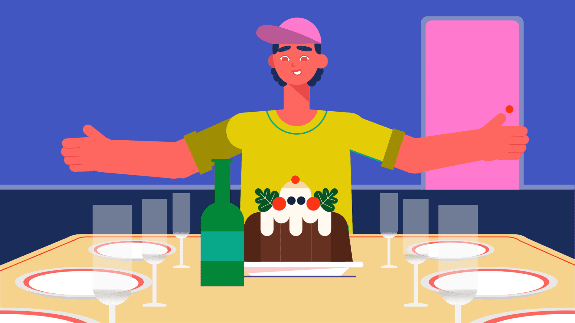 A flat illustration of a person in a yellow shirt and pink cap standing behind a dining table set with plates, glasses, a wine bottle, and cake.