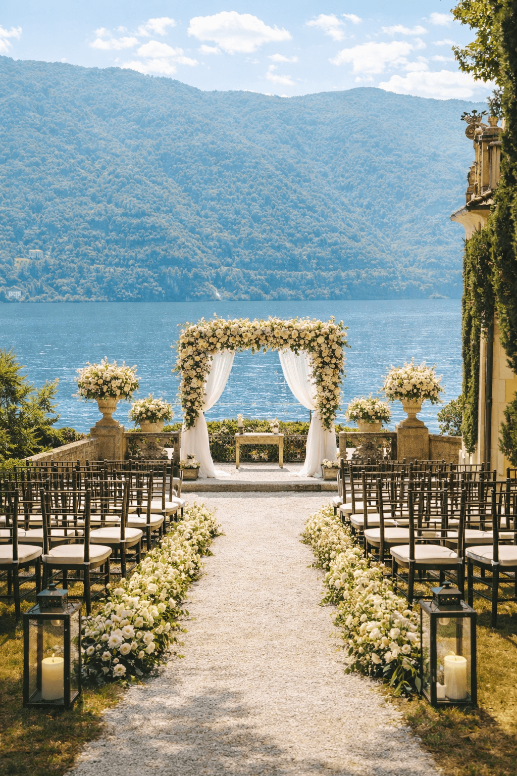 Outdoor wedding ceremony setup with floral decorations