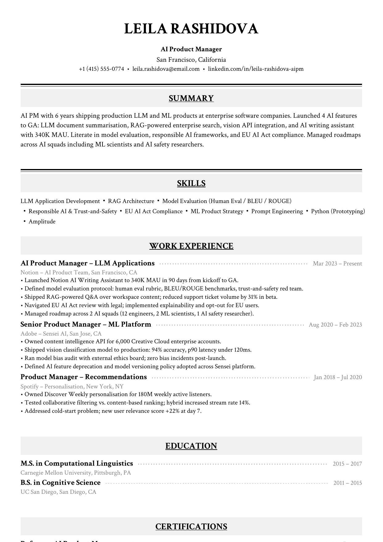 AI product manager resume example
