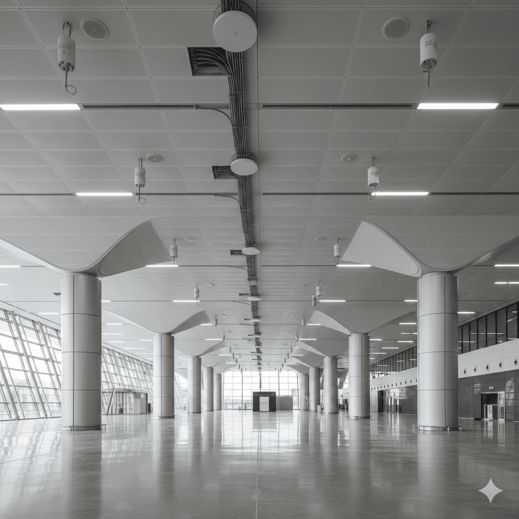 an empty room with a long table in the middle of it