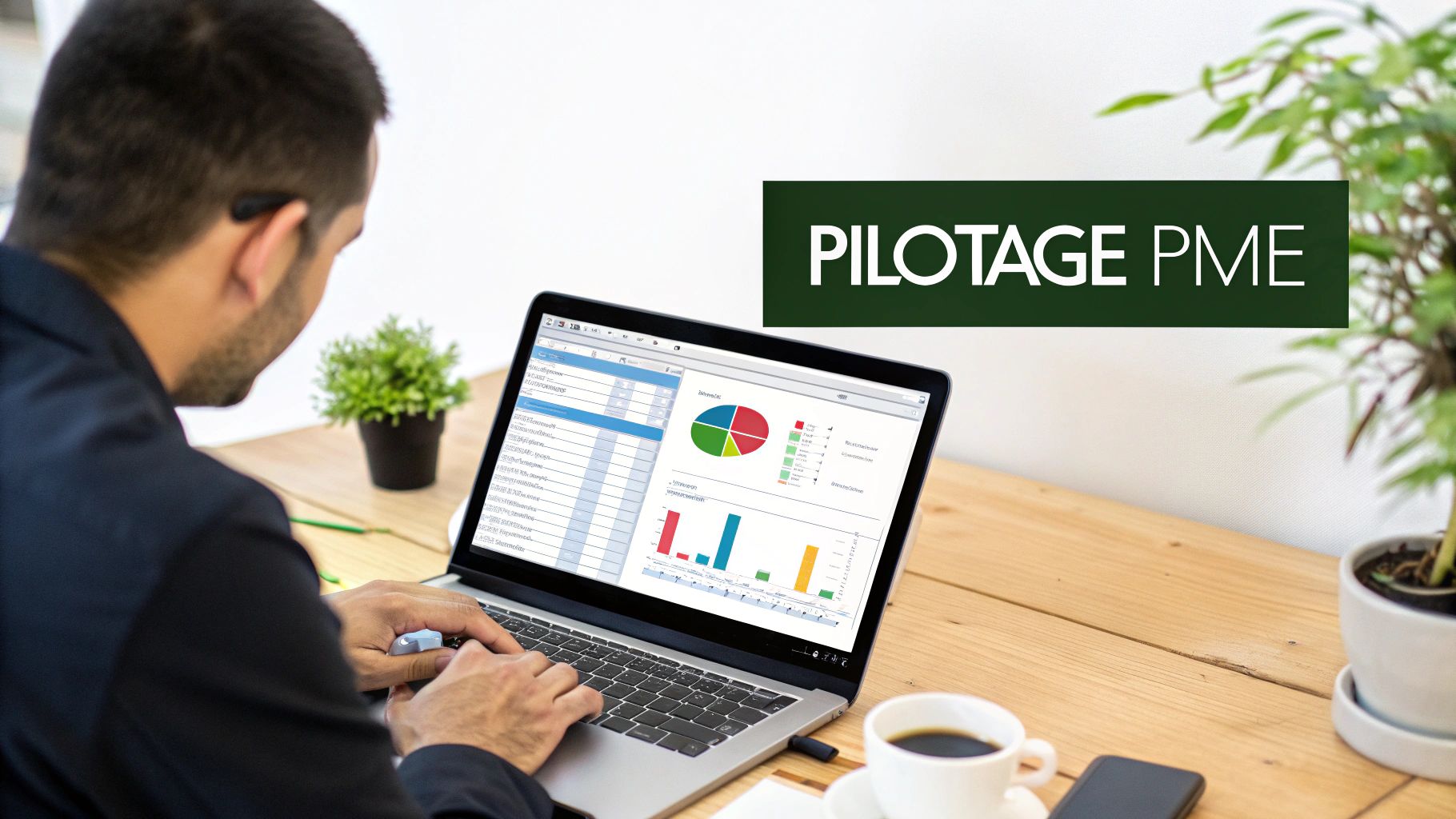 Un homme analyse un tableau de bord Excel avec graphiques sur ordinateur portable, texte « PILOTAGE PME ».