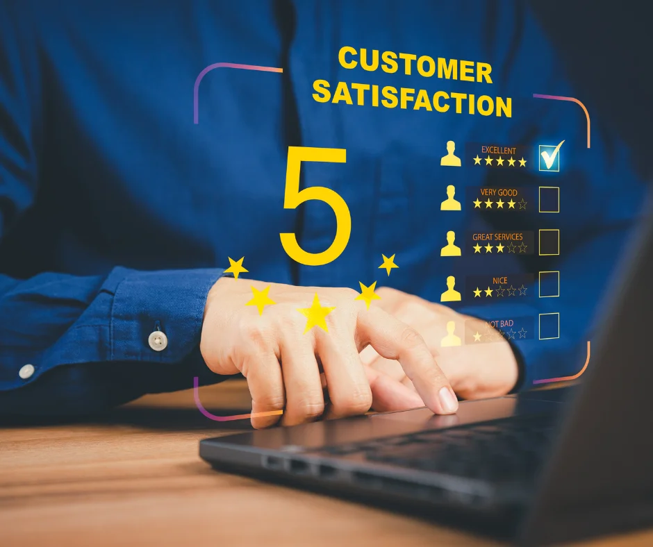 Customer providing testimonial on laptop