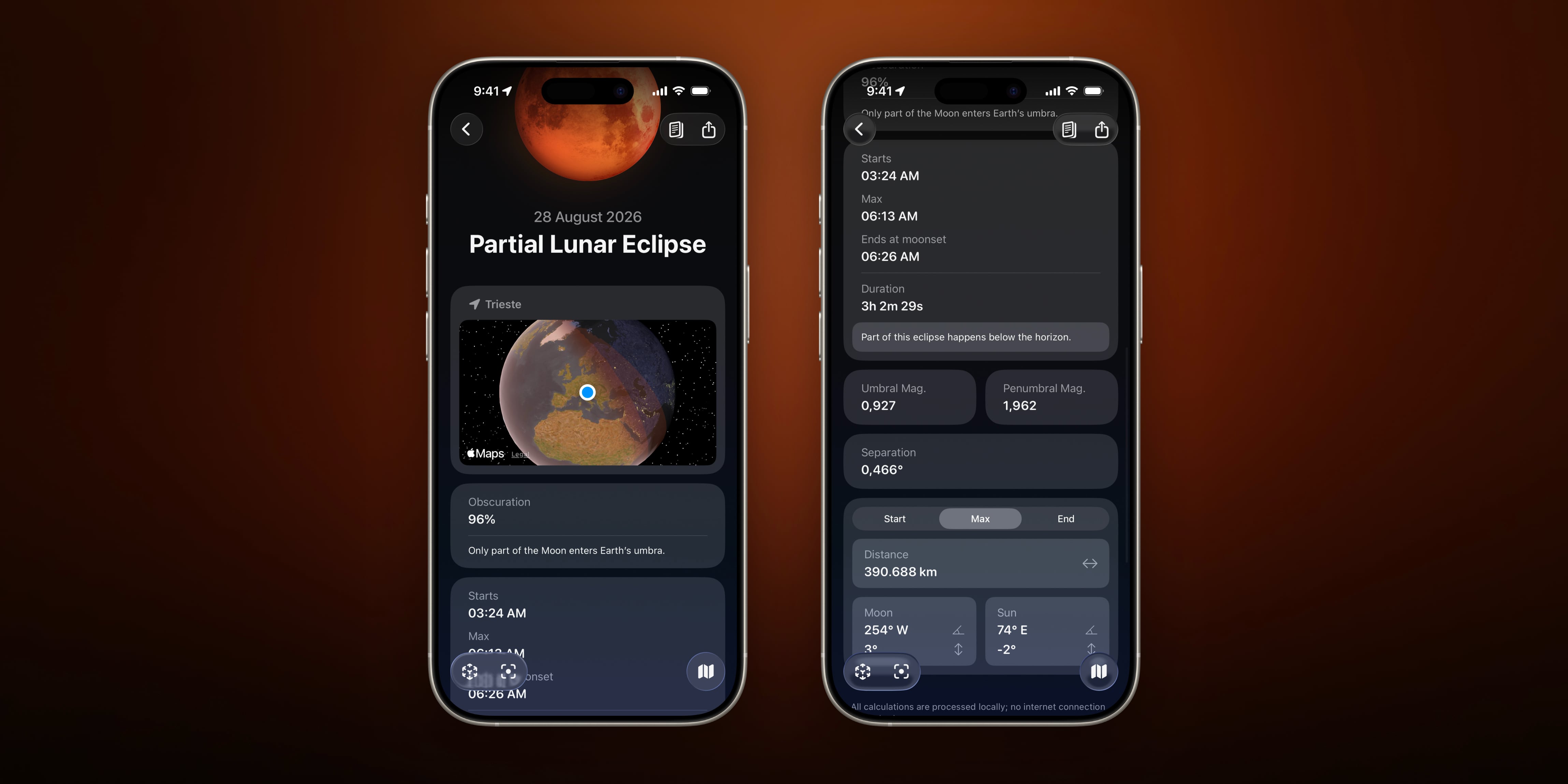 Details page of Moonlitt App. Partial Lunar Eclipse 28 August 2026