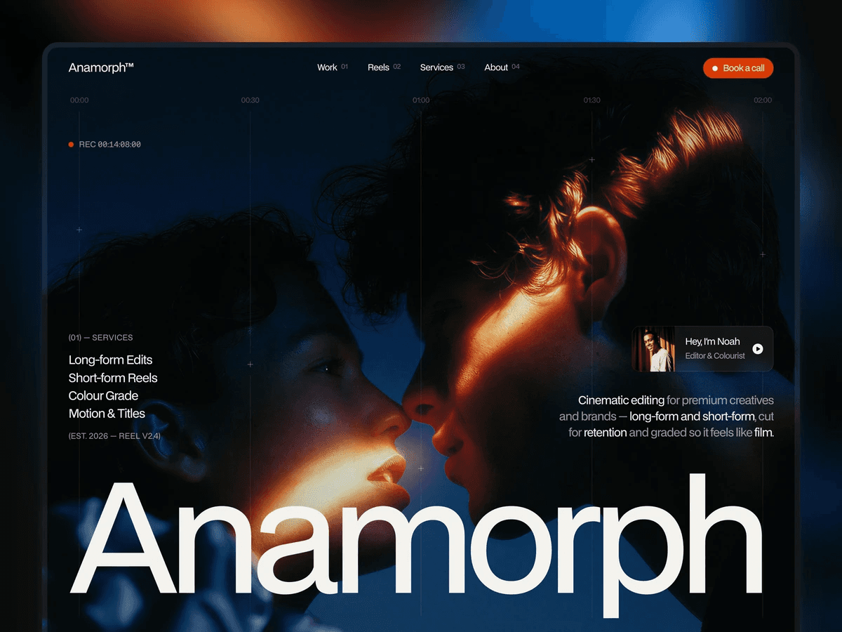 Anamorph Framer portfolio template featuring a cinematic video editor homepage