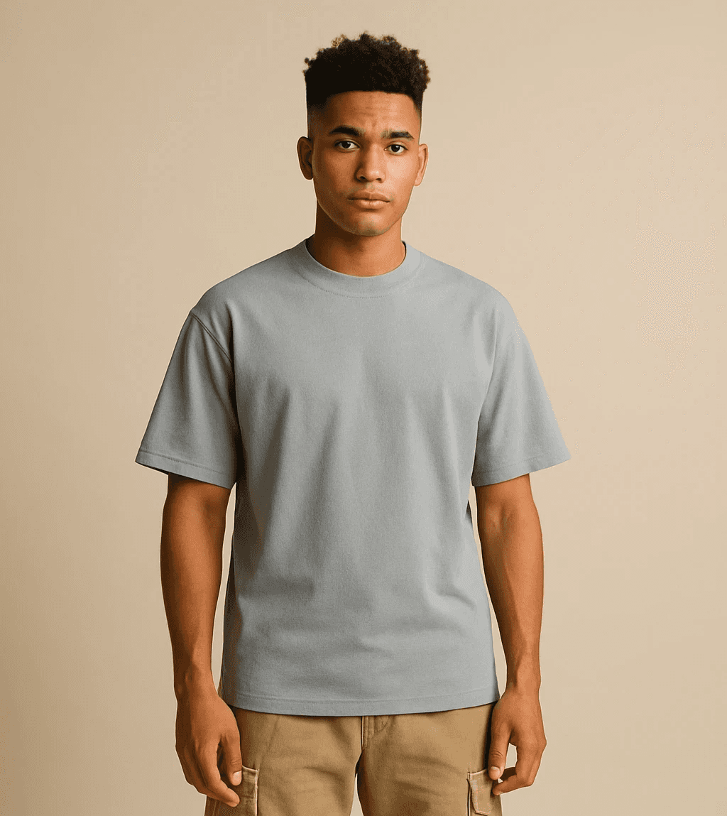 mixed race man wearing grey tshirt caspa AI model