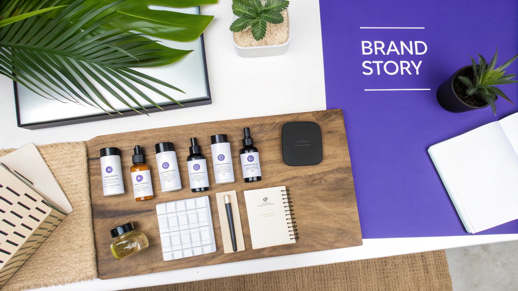 A flat lay of beauty products with natural lighting on a clean background.