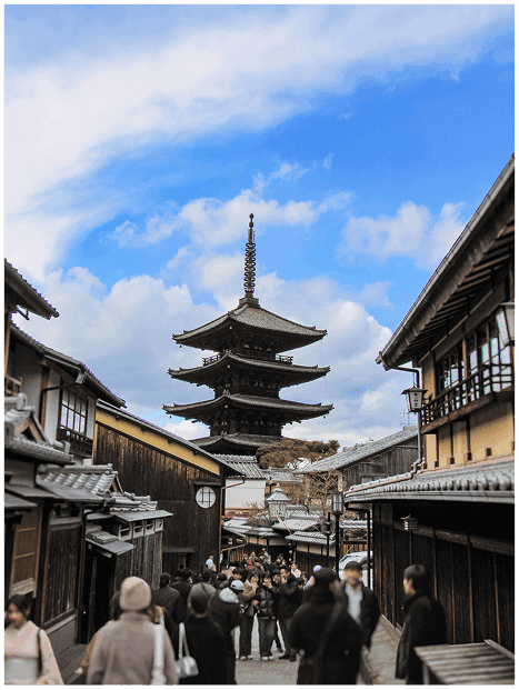 street photograph of a Japanese pagoda and traditional street in Kyoto
