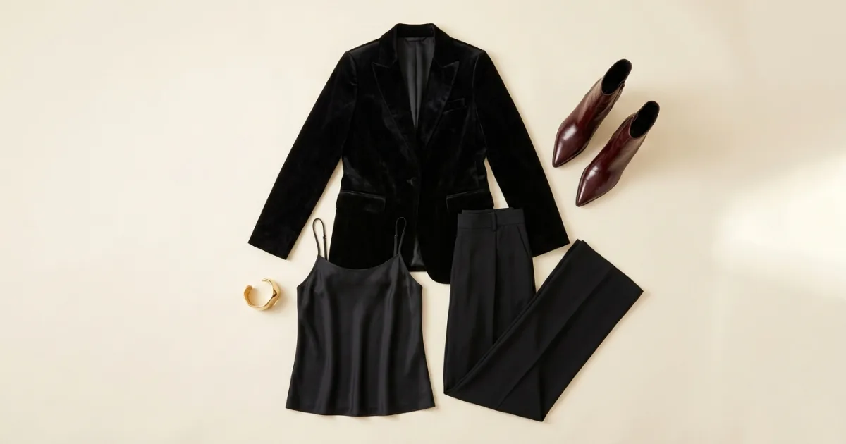 Black velvet blazer, silk top, wide-leg trousers, oxblood leather boots, and gold cuff