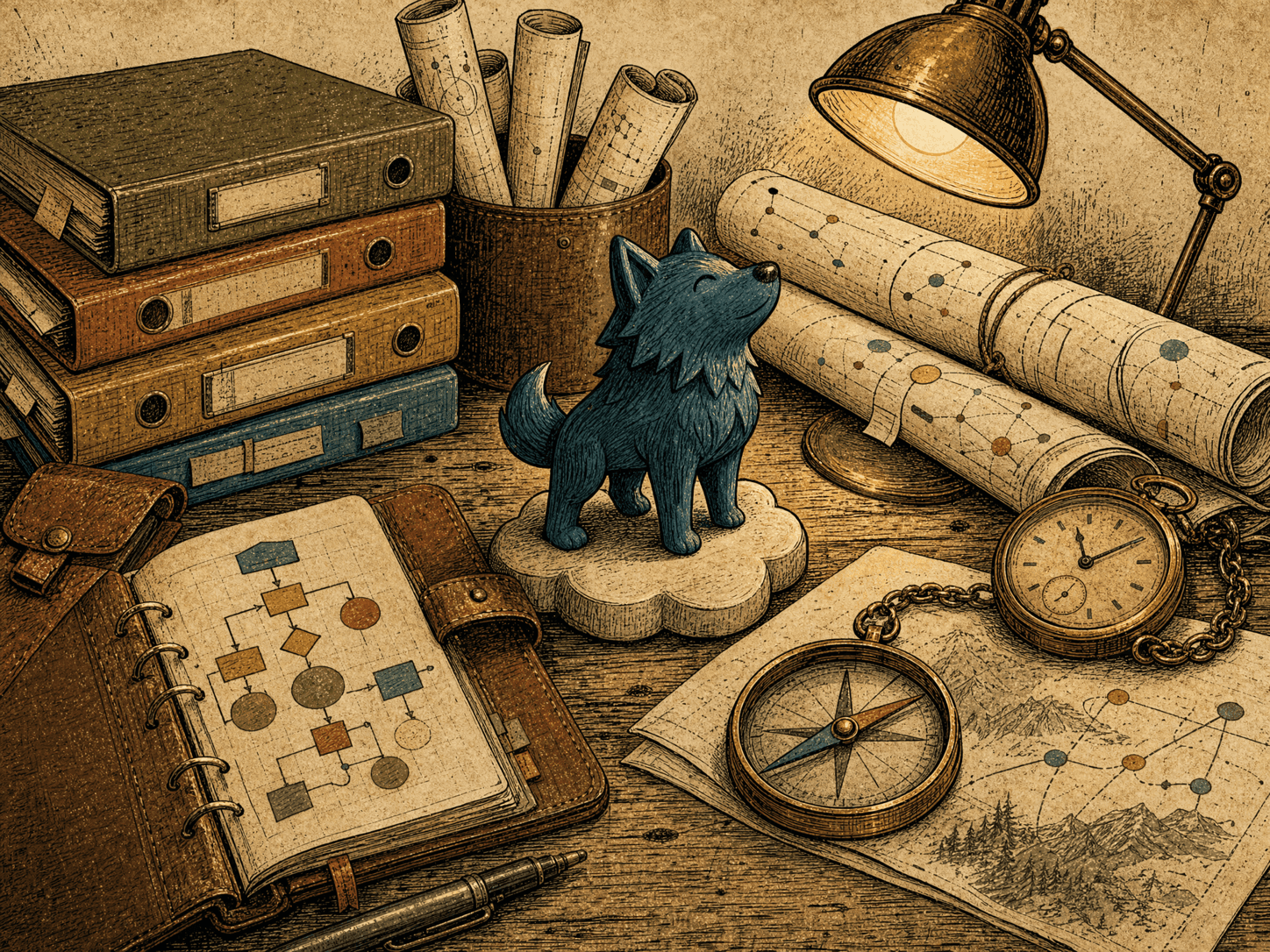 Hand-drawn blue wolf figurine on a cloud paperweight among consulting binders