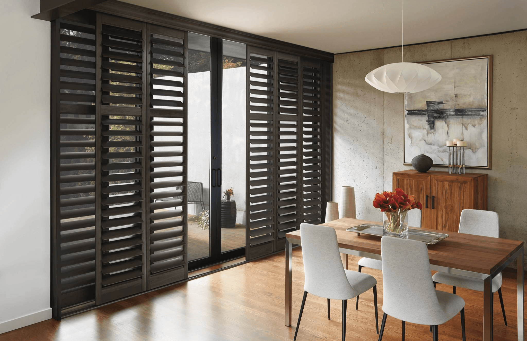 Newstyle Hybrid Shutters with Gliding Panel Tracks