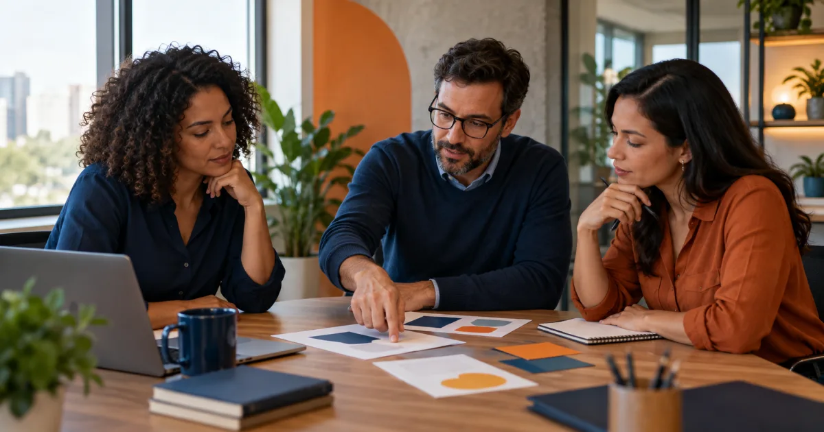 Três profissionais reunidos em uma mesa analisam materiais impressos com formas e gráficos abstratos.