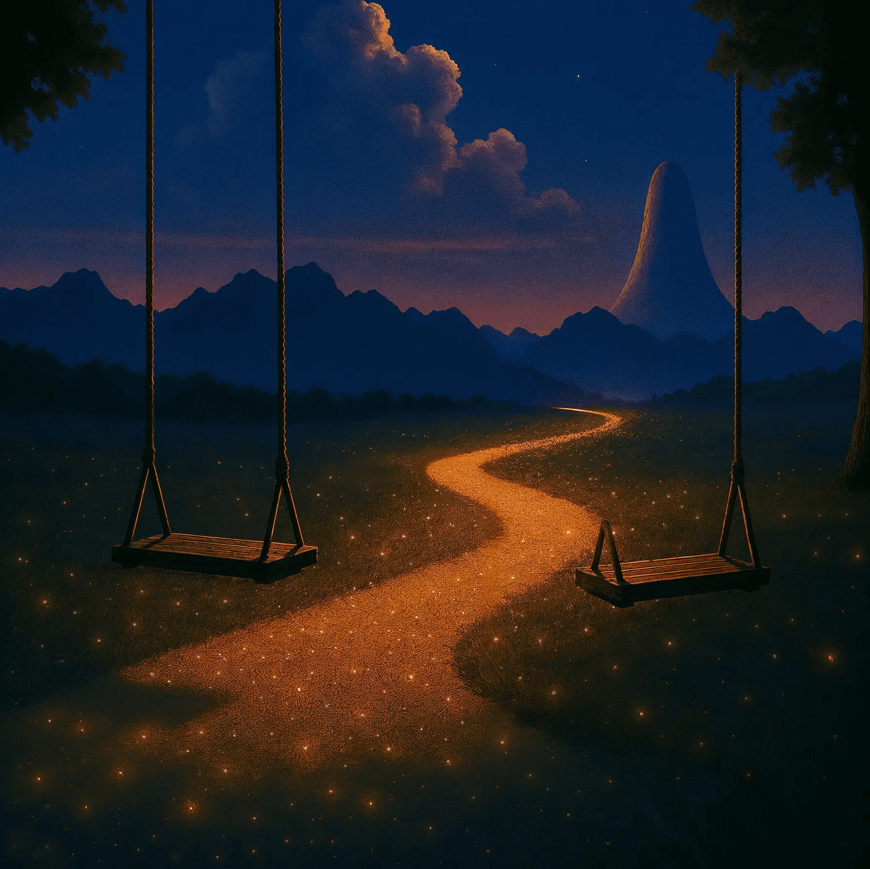 A surreal night illustration showing two swings facing a glowing path that leads toward a bright red moon and mountains.