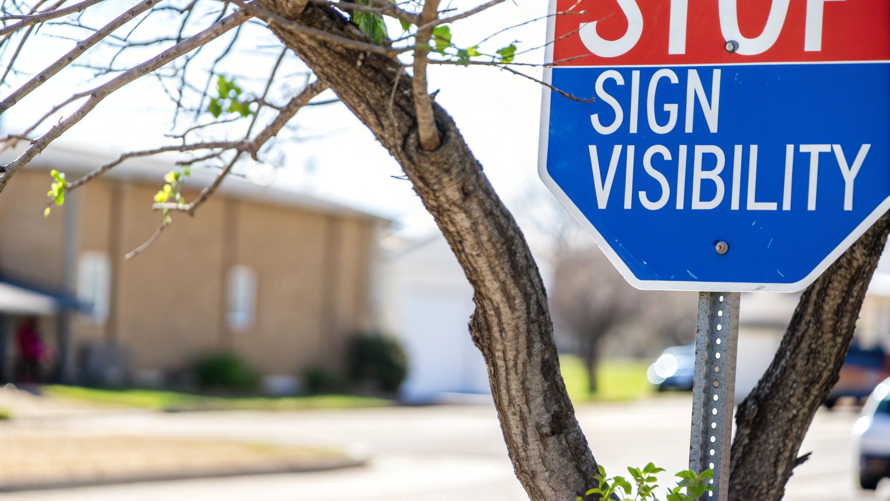 A 'STOP SIGN VISIBILITY' sign partially hidden by a tree branch with new green leaves.