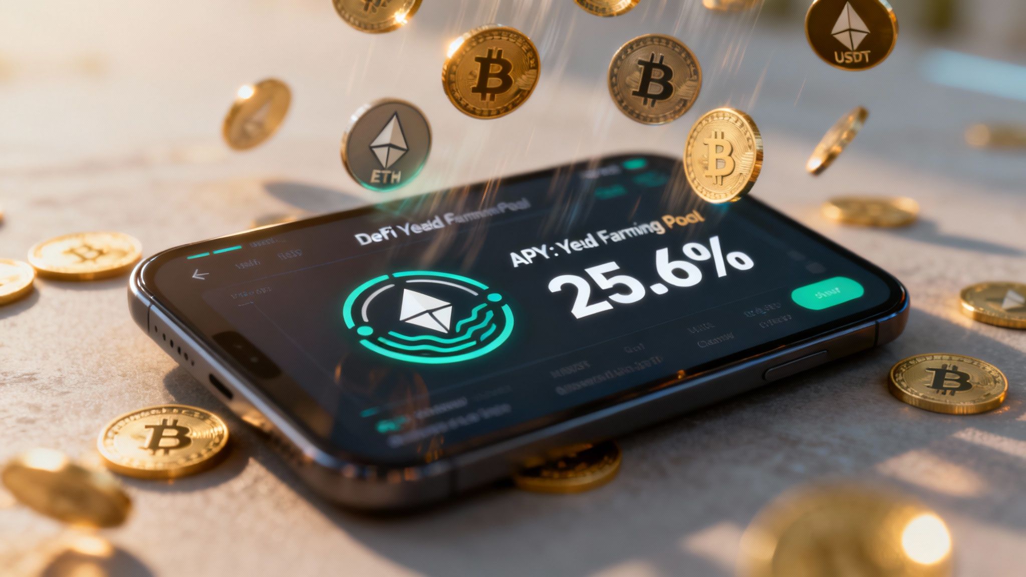 A digital illustration showing crypto coins and charts on a futuristic interface, representing the world of DeFi investing.